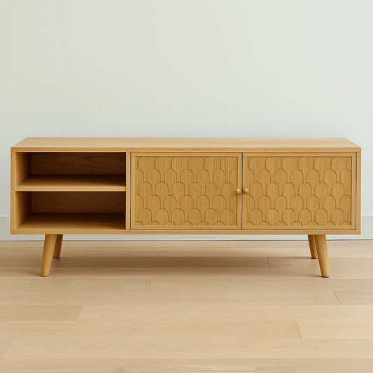 Meuble TV bois massif avec portes sculptées en chêne clair 140x40x50 cm