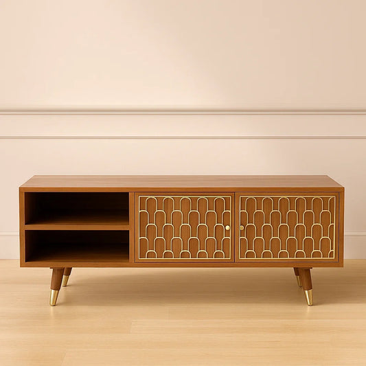 Meuble TV bois placage métal rectangulaire 150x45x55 cm marron doré