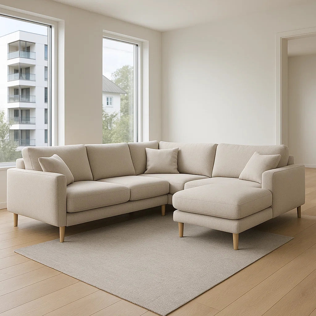 Canapés panoramiques modulables en tissu lin beige avec pieds en bois 250x90x160 cm