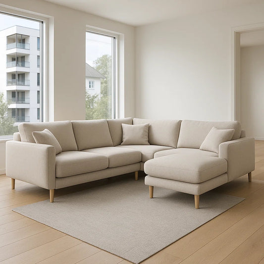 Canapés panoramiques modulables en tissu lin beige avec pieds en bois 250x90x160 cm