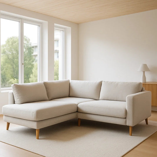 Canapé d'angle en tissu polyester beige avec pieds en bois