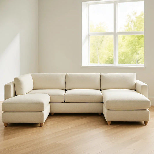 Canapé d'angle modulable en tissu beige avec méridienne