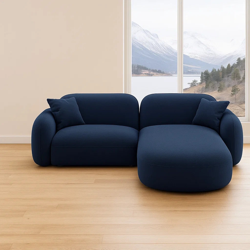 Canapé d'angle rectangulaire en tissu polyester bleu 2 places avec coussins 250x150x85 cm