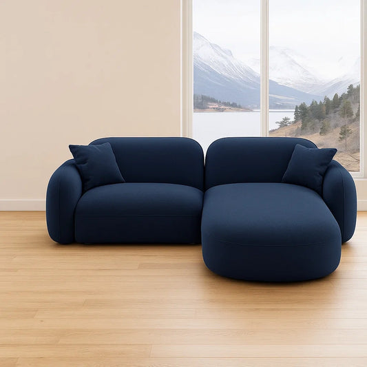 Canapé d'angle rectangulaire en tissu polyester bleu 2 places avec coussins 250x150x85 cm