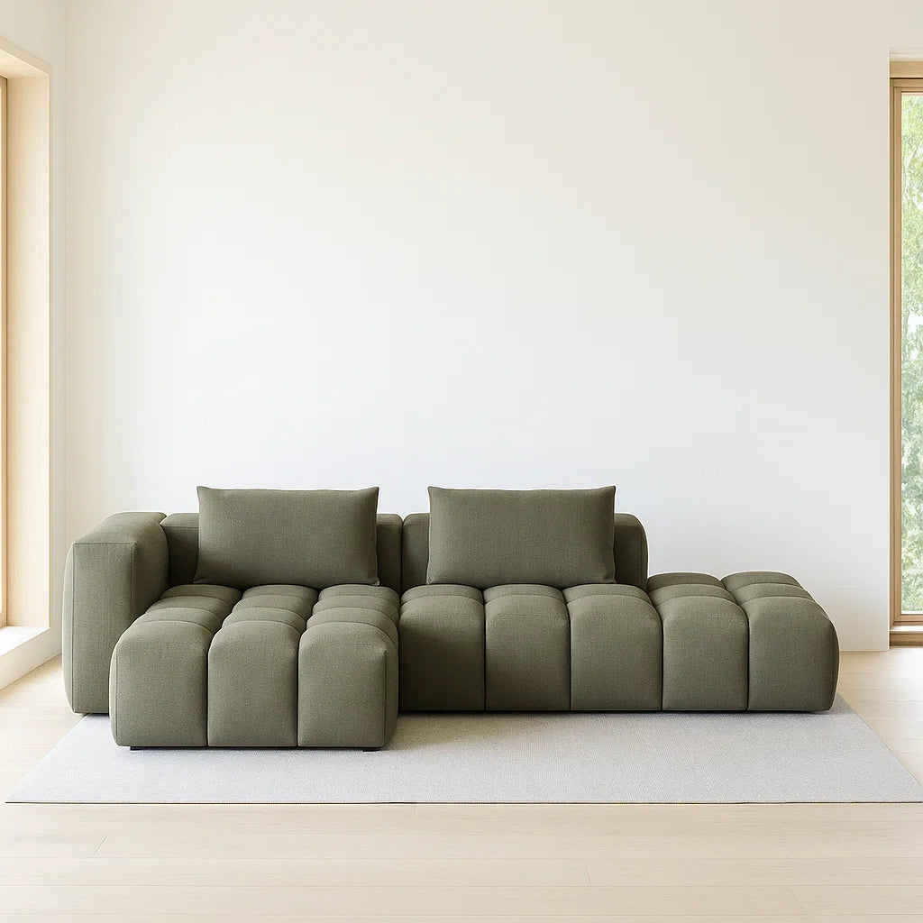 Canapé modulable en tissu vert olive avec coussins