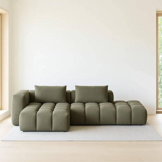 Canapé modulable en tissu vert olive avec coussins