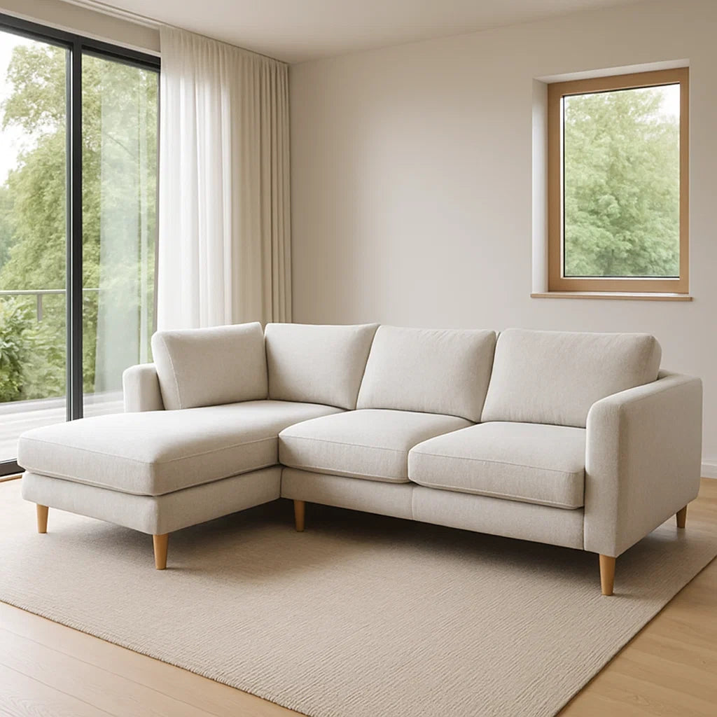 Canapé d'angle en tissu polyester crème avec pieds en bois 260x160x80 cm