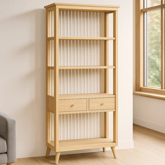 Bibliothèques en bois de chêne clair avec étagères et tiroirs