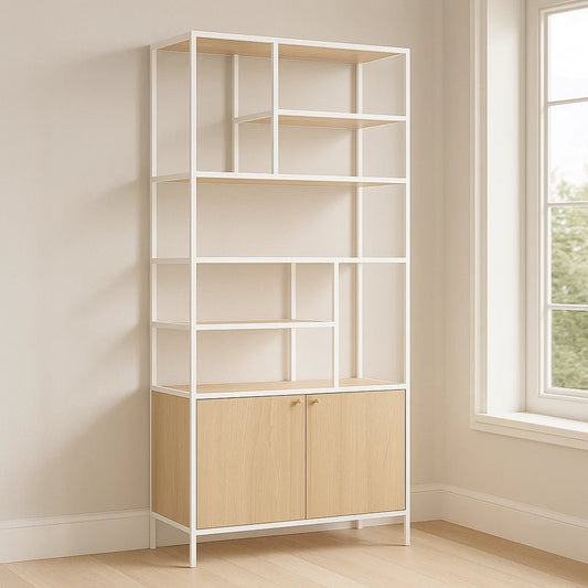 Bibliothèques en bois et métal blanc/naturel avec 2 portes