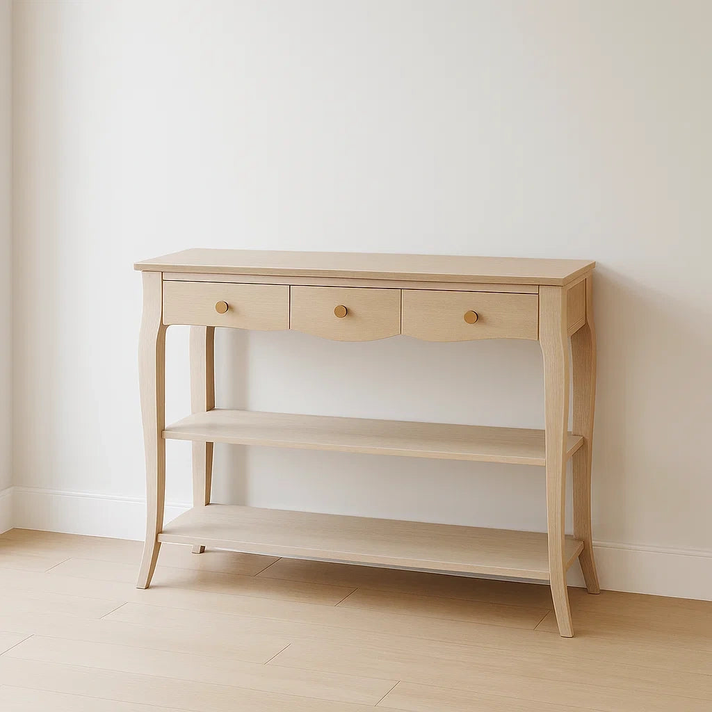 Console bois avec 3 tiroirs et étagères 120x30x80 cm