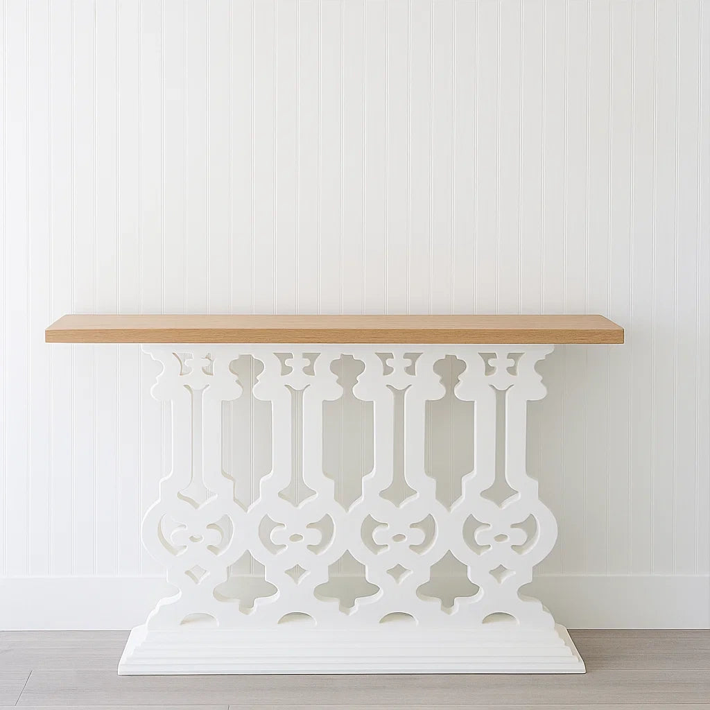 Console bois MDF et métal blanc avec plateau en chêne