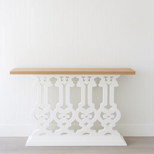 Console bois MDF et métal blanc avec plateau en chêne