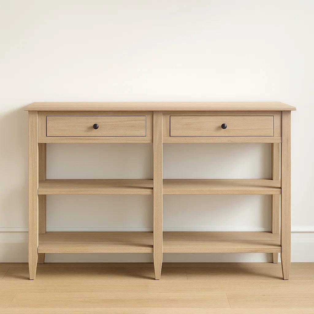 Console bois clair avec tiroirs et étagères 120x35x80 cm