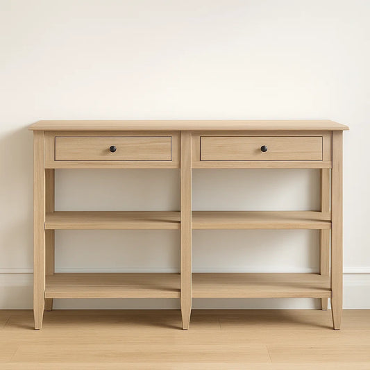 Console bois clair avec tiroirs et étagères 120x35x80 cm