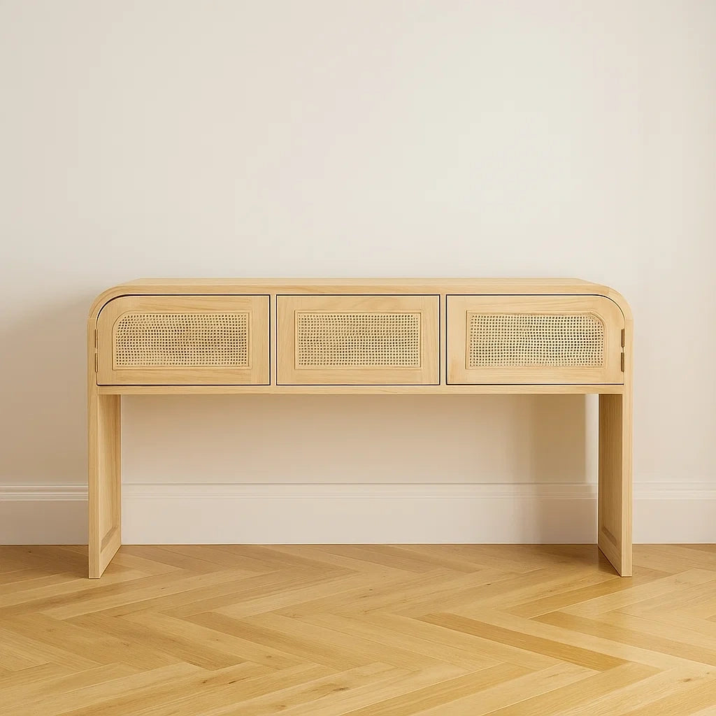 Console bois de frêne avec tiroirs en rotin tressé