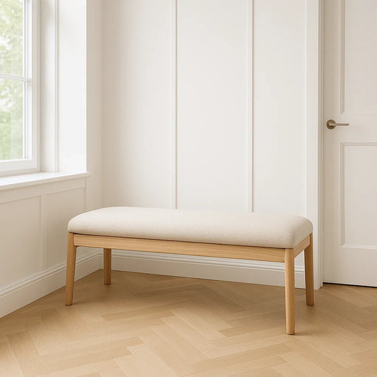 Banc d'entrée rembourré en tissu beige en bois de hêtre 120x40x45 cm