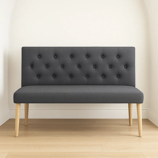 Banc d'entrée rembourré en tissu gris avec pieds en bois 120x60x80 cm
