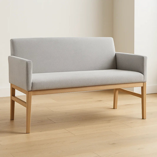Banc d'entrée en tissu gris avec accoudoirs cadre bois