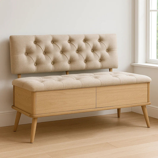 Banc d'entrée en bois avec assise rembourrée lin beige 120x45x100 cm