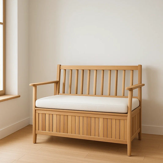 Banc d'entrée en bois avec coussin beige assise et dossier à lattes