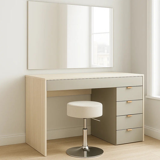 Coiffeuse en bois clair/gris avec miroir et tabouret rotatif