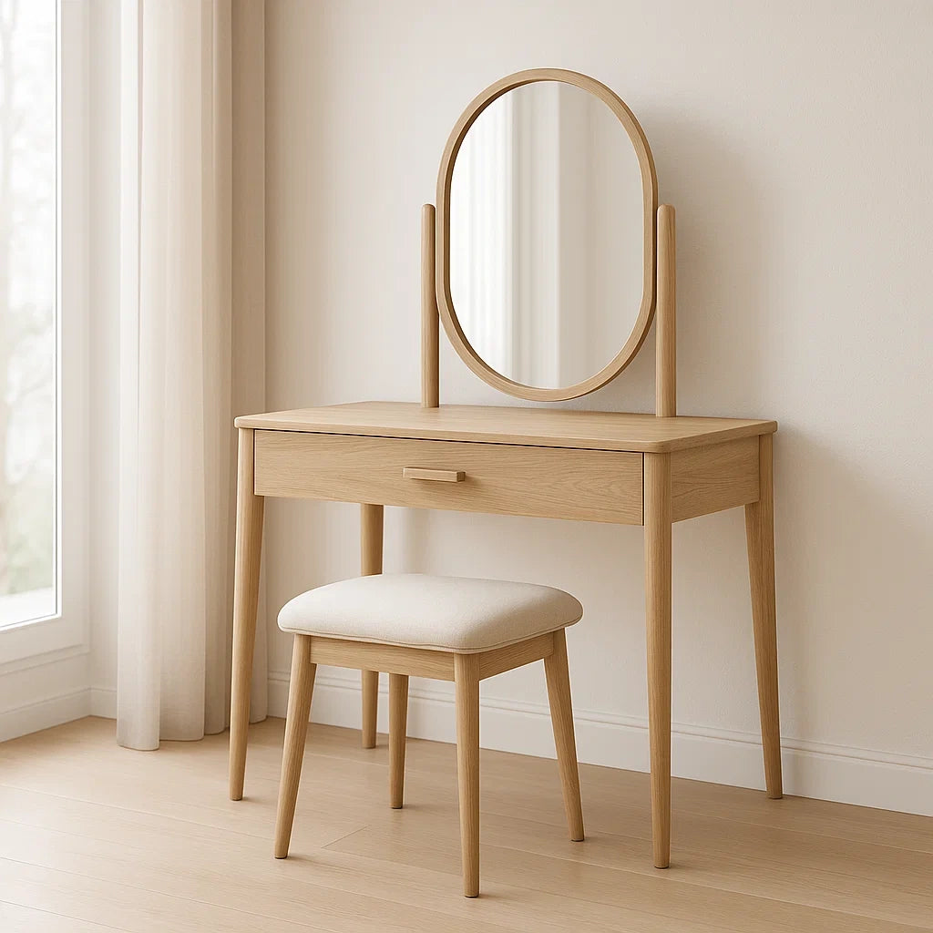 Coiffeuse avec miroir ovale en bois massif et tabouret rembourré