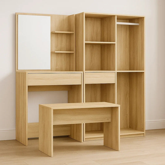 Coiffeuse en bois d'ingénierie avec miroir en verre et tabouret chêne clair, penderie incluse
