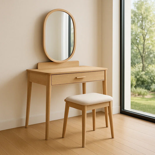 Coiffeuse en bois avec miroir ovale et tabouret coussiné 80x40x75 cm