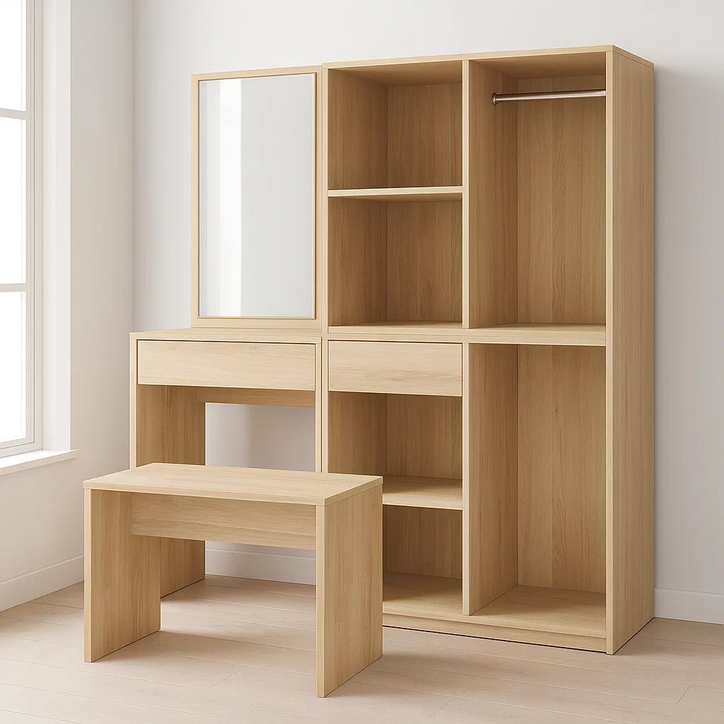 Coiffeuse avec miroir et banc en panneaux de particules couleur chêne clair 160x40x180 cm