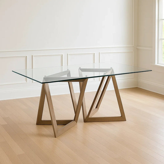 Tables à manger rectangulaires en verre trempé transparent avec pieds en bois marron 180x90x75 cm