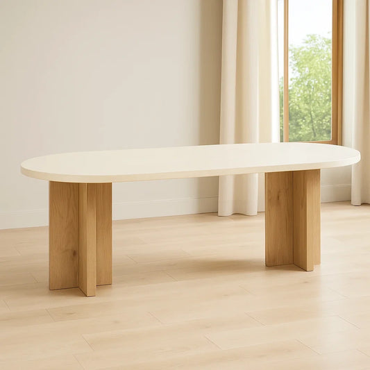 Tables à manger ovale crème en MDF avec pieds en chêne 200x90x75 cm