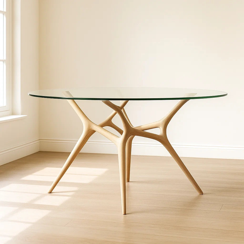 Tables à manger ronde en verre trempé transparent avec structure en bois de chêne naturel