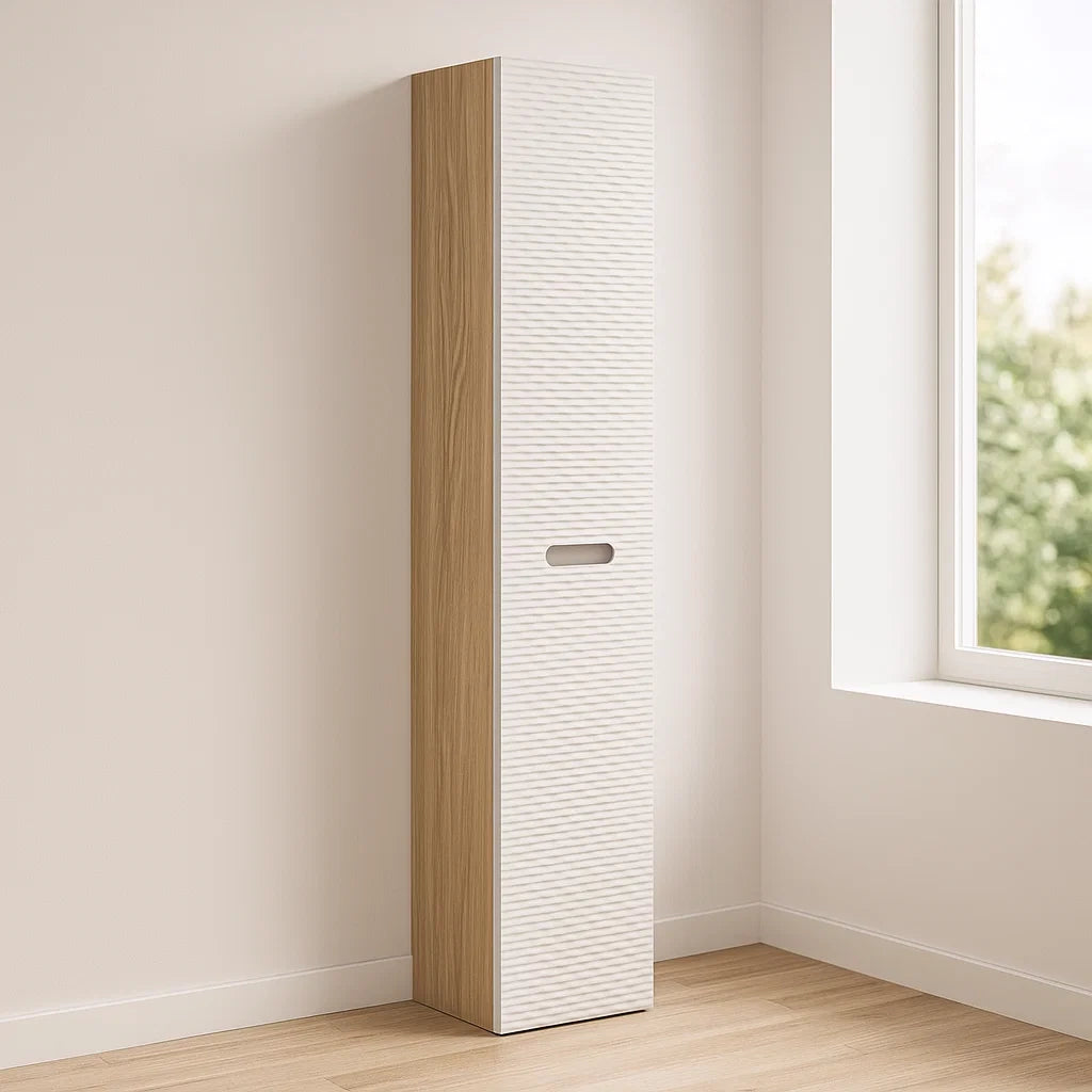 Colonnes de salle de bain haute en bois et blanc avec porte à rainures