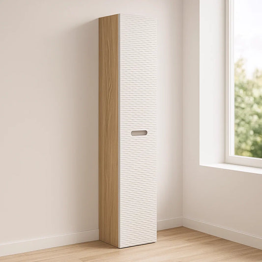 Colonnes de salle de bain haute en bois et blanc avec porte à rainures