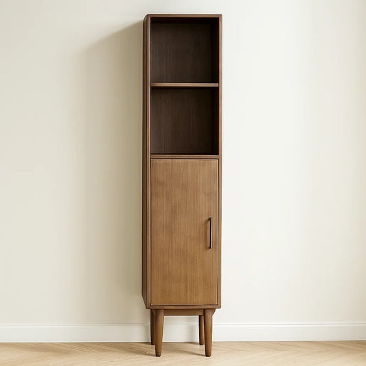 Colonnes de salle de bain étroites en bois marron avec étagères et porte 190x40x30 cm