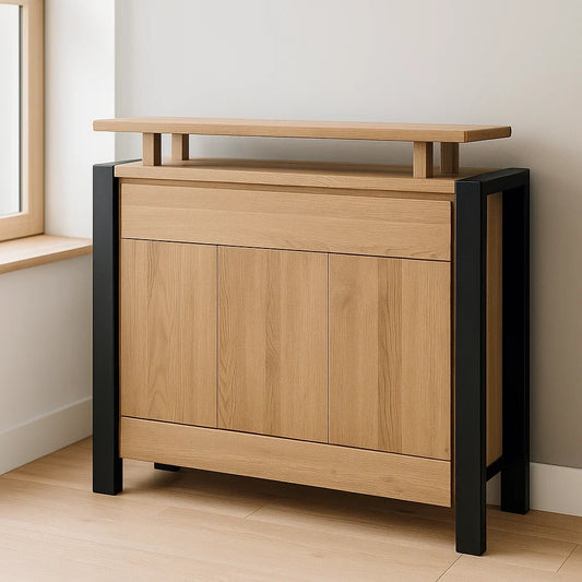 Bar en bois chêne avec cadre métal noir 90x40x80 cm