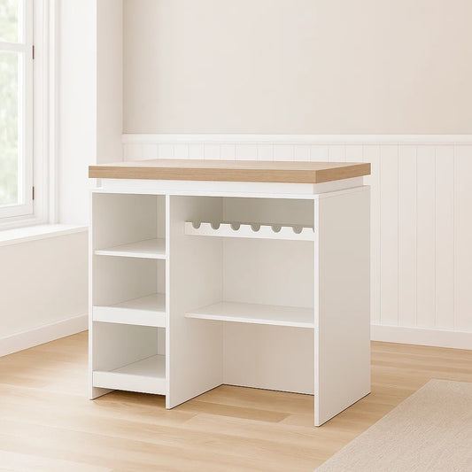 Bar avec rangement blanc/chêne en panneau de particules 120x60x90 cm