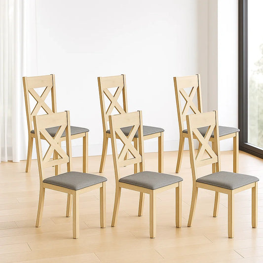 Lot de 6 chaises de salle à manger en bois clair avec assise en tissu gris