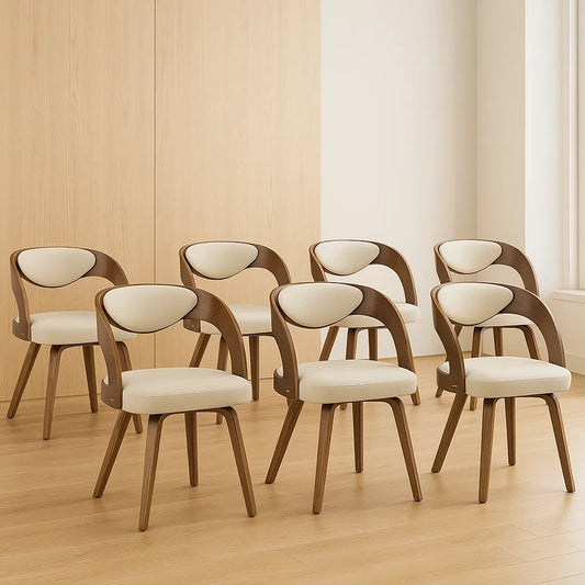Lot de 7 chaises en bois courbé avec assise rembourrée en tissu crème
