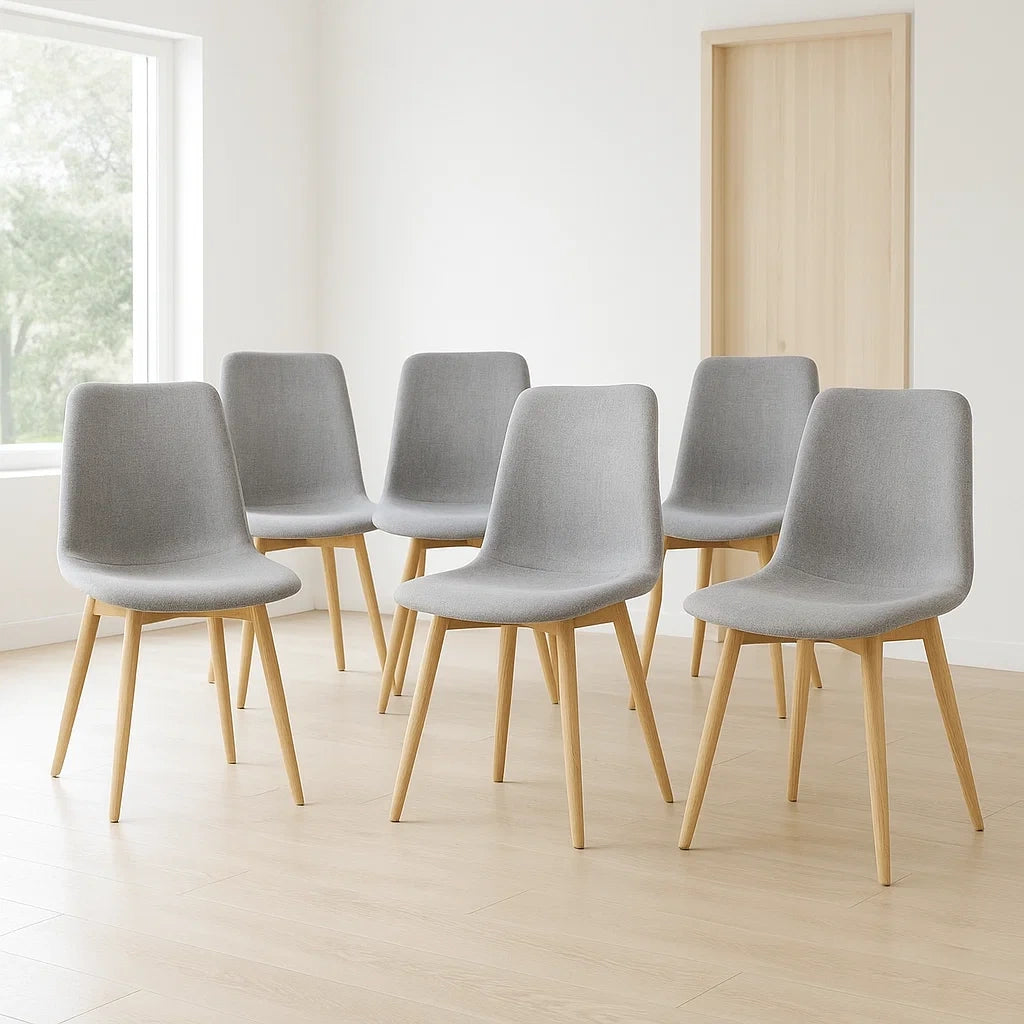 Lot de 6 chaises de salle à manger grises en tissu avec pieds en bois