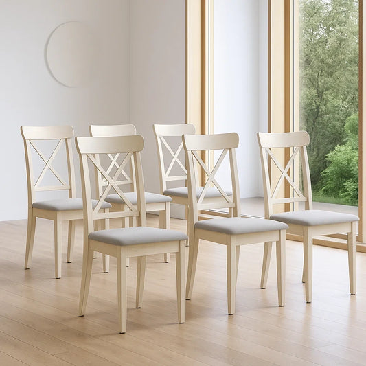 Lot de 6 chaises de salle à manger en bois blanc avec assise rembourrée en tissu polyester