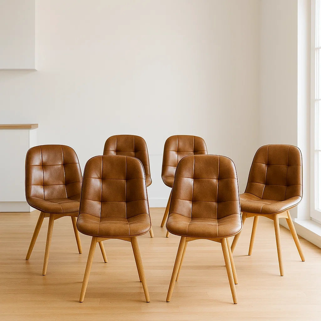 Lot de 6 chaises en cuir synthétique marron avec pieds en bois