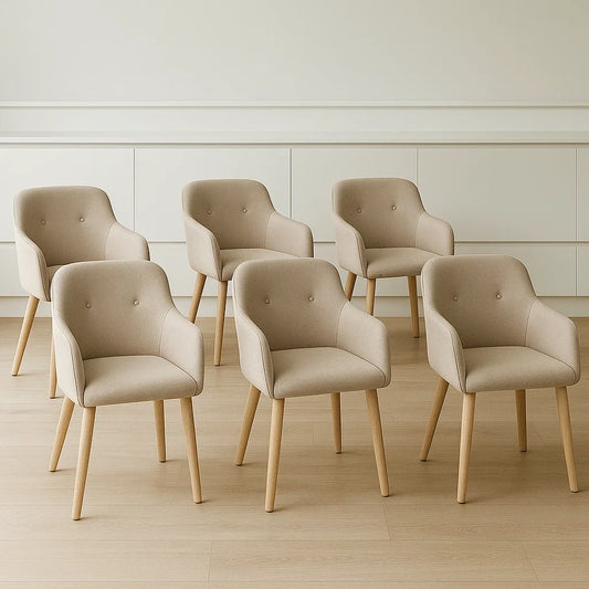 Lot de 6 chaises avec accoudoirs en tissu beige avec pieds en bois de hêtre