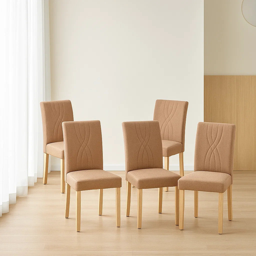 Lot de 5 chaises de salle à manger en bois massif avec assise en tissu polyester marron