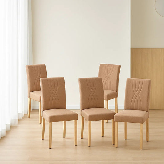 Lot de 5 chaises de salle à manger en bois massif avec assise en tissu polyester marron