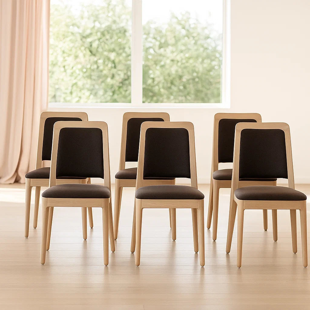 Lot de 6 chaises de salle à manger en bois massif et tissu polyester marron/bois 45x52x86 cm