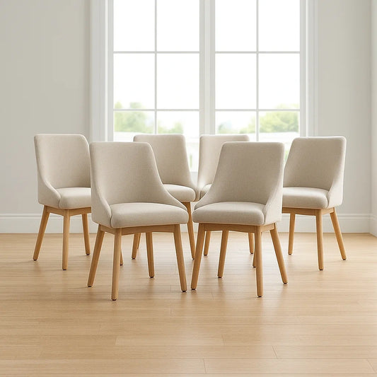 Lot de 6 chaises de salle à manger en tissu rembourré beige avec pieds en bois 55x51x81 cm