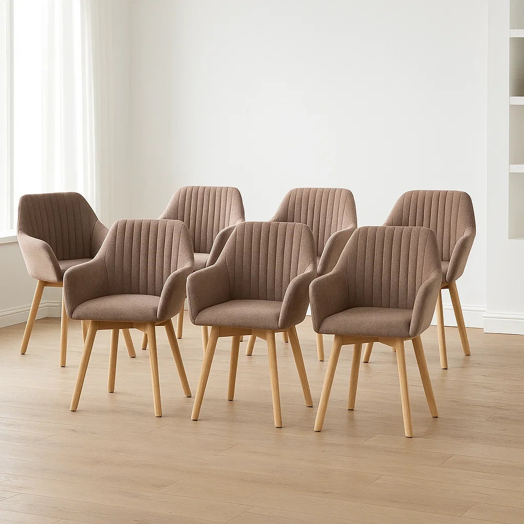 Lot de 7 chaises de salle à manger en tissu marron avec pieds en bois