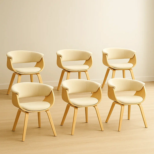 Lot de 6 chaises de salle à manger rondes en bois de hêtre avec assise en tissu beige