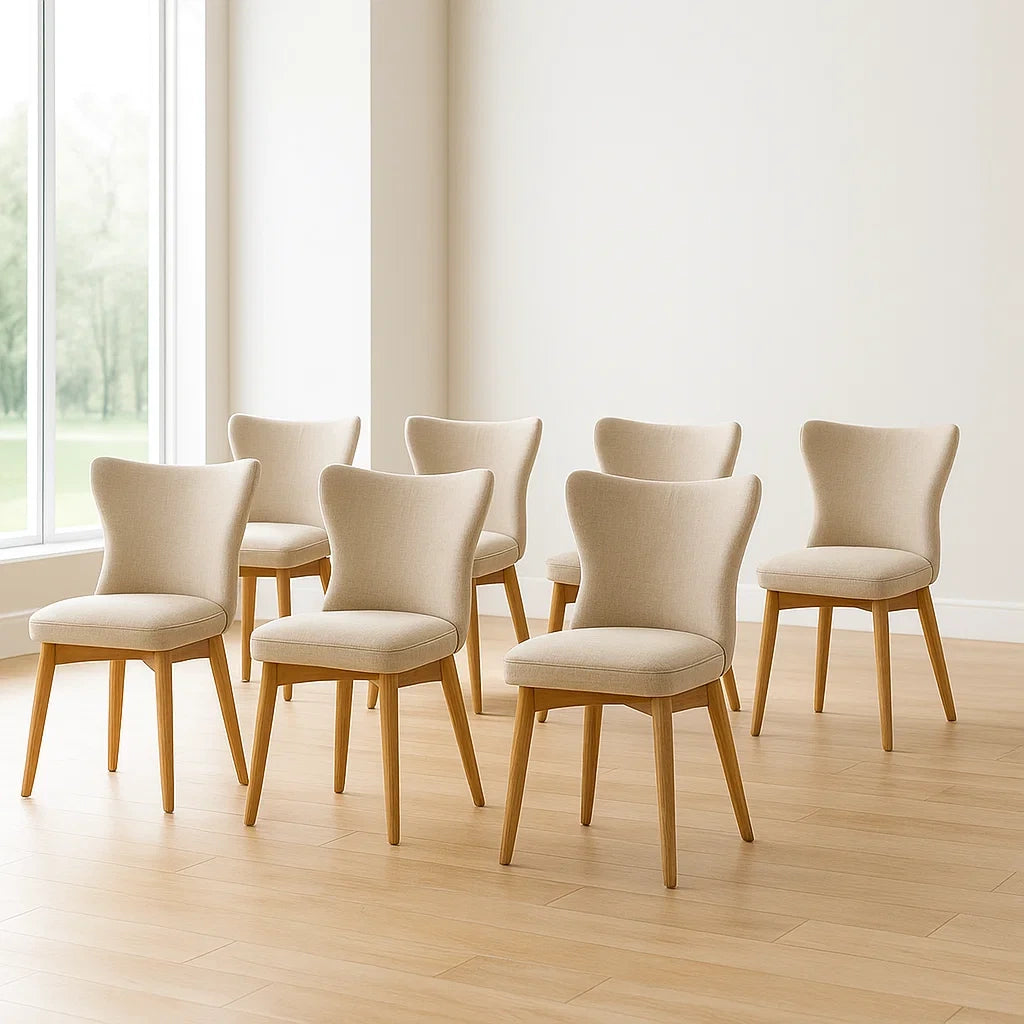 Lot de 7 chaises de salle à manger en tissu beige avec pieds en bois massif